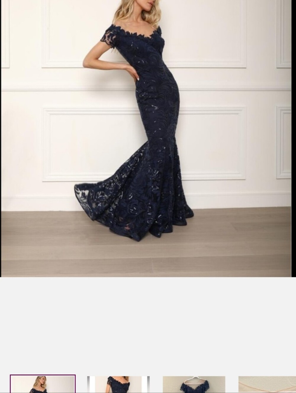 Nicole Bakti Navy Off-Shoulder Sequin Lace Mermaid Gown